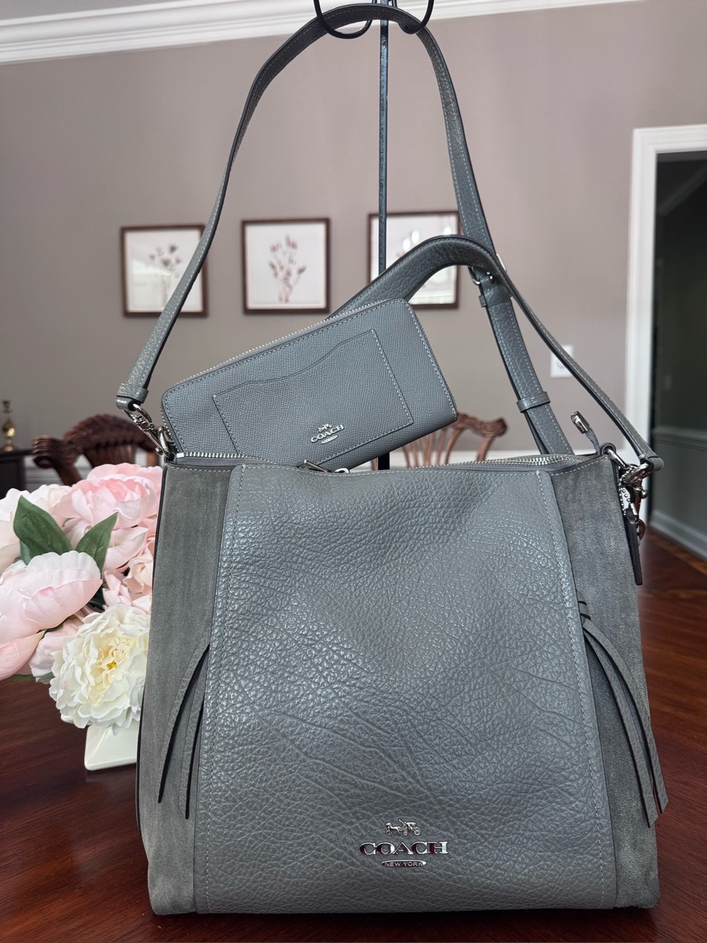 COACH Heather Gray Pebble Leather & Suede Marlon Hobo Bag & Matching Slim Accord